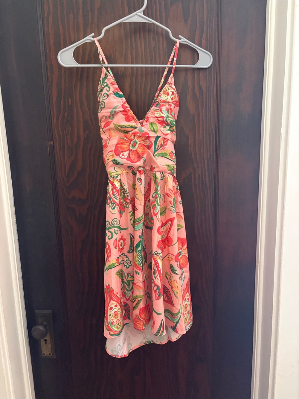 Pink Floral V-Neck Midi Dress with Spaghetti Straps